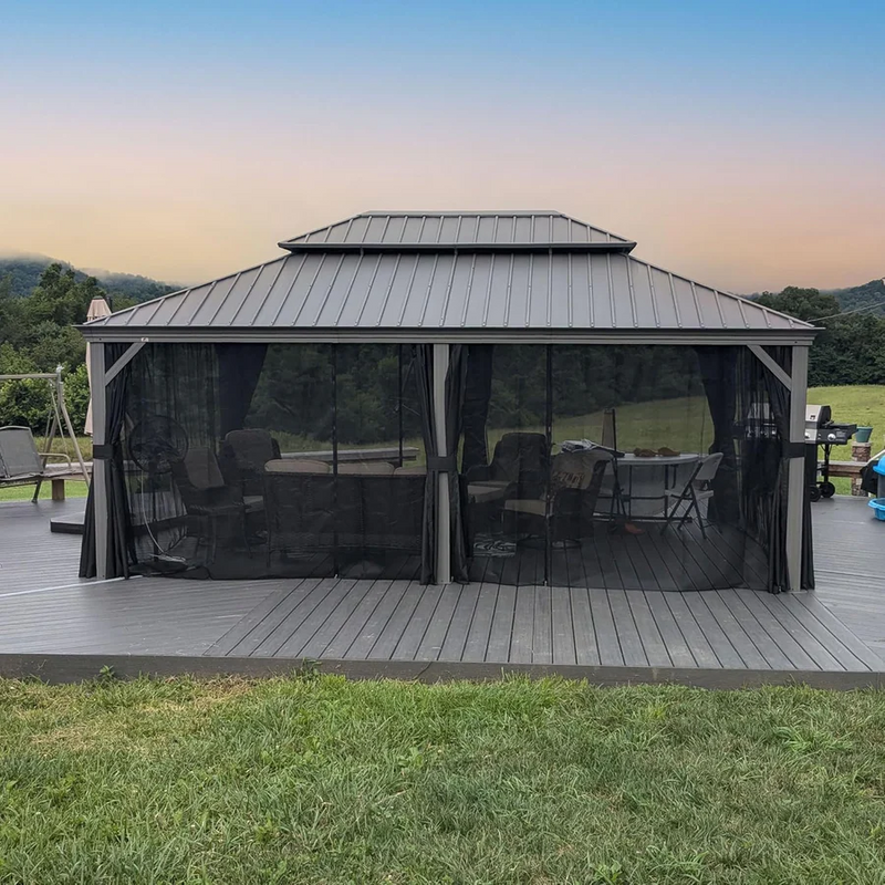 PURPLE LEAF Patio-Pavillon für den Garten | Hardtop aus verzinktem Stahl mit verbesserten Vorhängen | Hellgrau