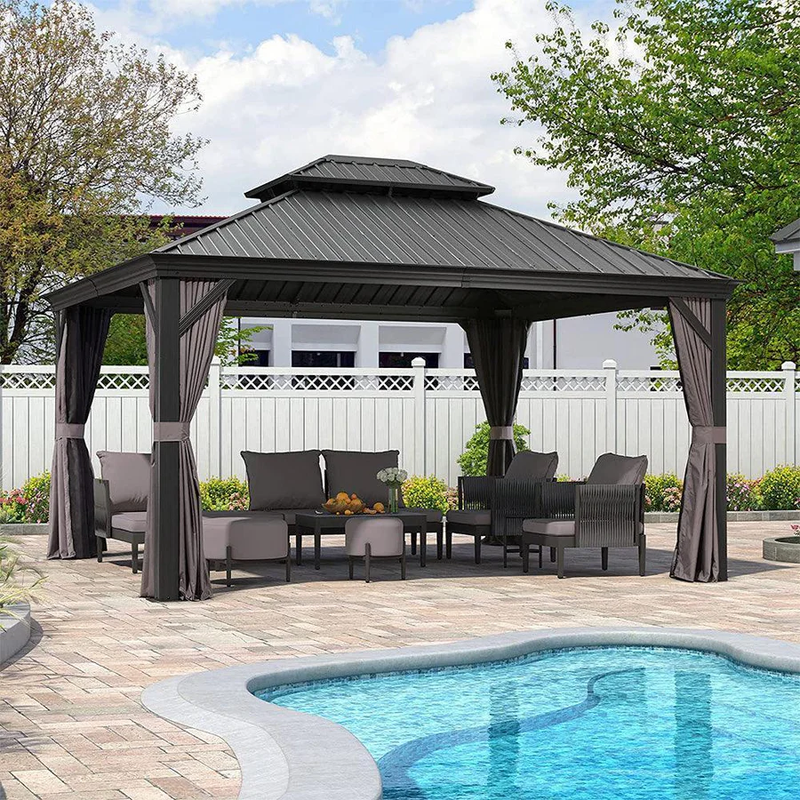 PURPLE LEAF Grau Alu Pavillon Wasserdicht Stabil Winterfest Wetterfest Gartenpavillon mit 4 Doppel Seitenteile Hardtop Pavillon mit Stahldach