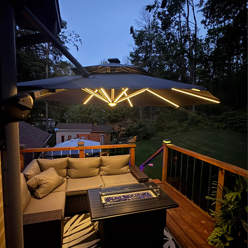 PURPLE LEAF runden Sonnenschirm mit Led Solar Beleuchtung Ampelschirm Gartenschirm Terrassenschirm mit Kurbel, 360°Rotation