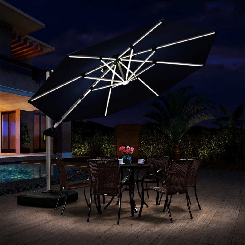 PURPLE LEAF runden Sonnenschirm mit Led Solar Beleuchtung Ampelschirm Gartenschirm Terrassenschirm mit Kurbel