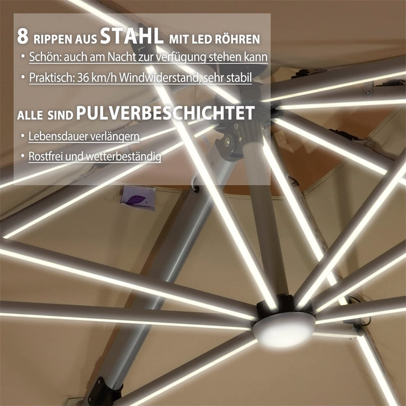 PURPLE LEAF Rechteckiger Doppel Dach Aluminium Großsonnenschirm mit LED und Kurbel, geeignet für den Balkon oder den Garten.