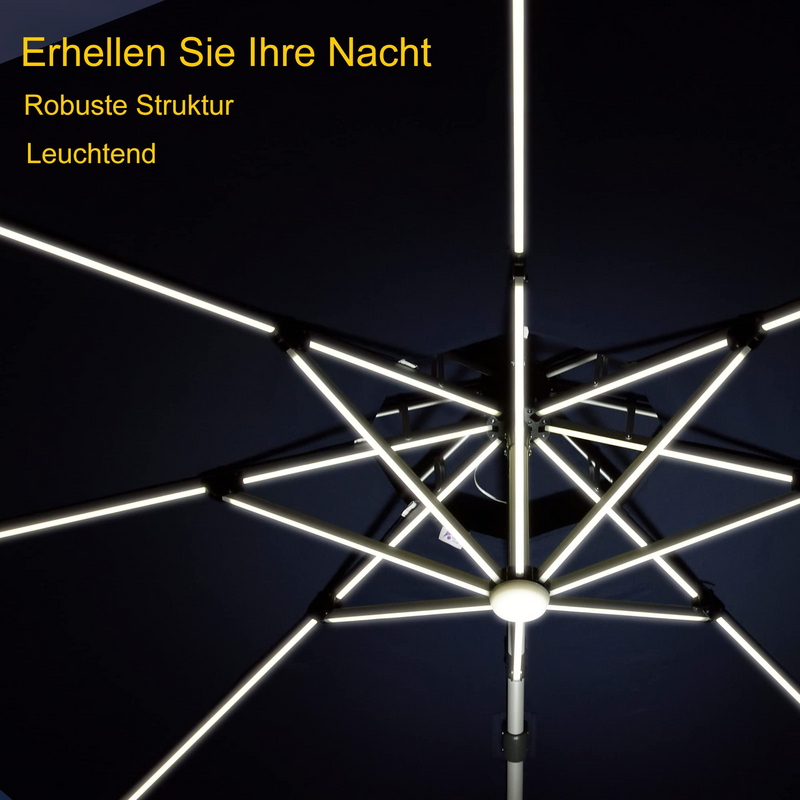 PURPLE LEAF Sonnenschirm mit Led Solar Beleuchtung Ampelschirm 300 x 300 cm Marktschirm Groß 360°Rotation, Gartenschirm mit Kurbel, Balkonschirm Sonnenschutz UV50+