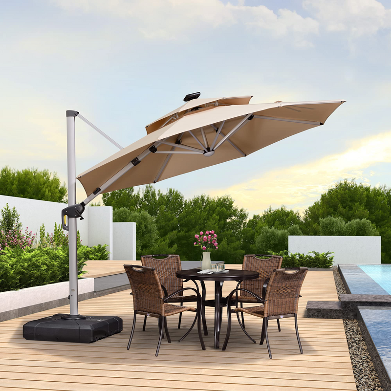 PURPLE LEAF Runder Sonnenschirm mit LED-Solarbeleuchtung und Schirmständer
