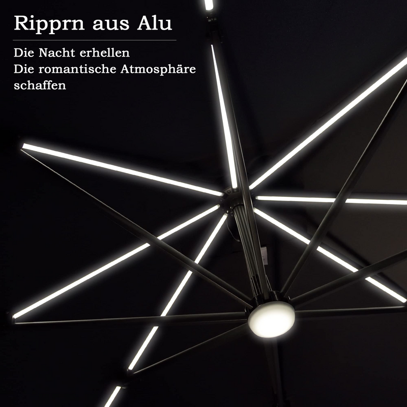 PURPLE LEAF Ampelschirm 300 x 300 cm Sonnenschirm mit LED Beleuchtung Neigbar Kippbar Gartenschirm mit Kurbel Aluminium Gestell 360° Rotation