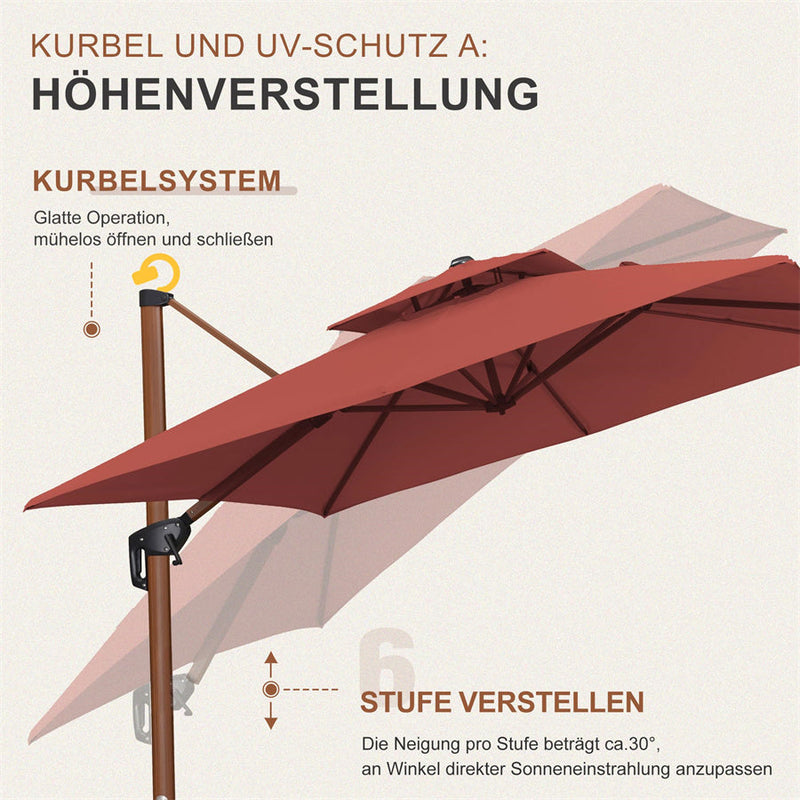 PURPLE LEAF Garten Sonnenschirm quadratischer Alu Holzoptik Ampelschirm Überhang mit Schirmständer