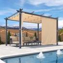 PURPLE LEAF Garten Pergola mit Vorhang Aluminium-Rahmen Outdoor Terrasse Pavillon mit Seitenschutzvorhänge Sonnendach mit Schiebedach  Grau