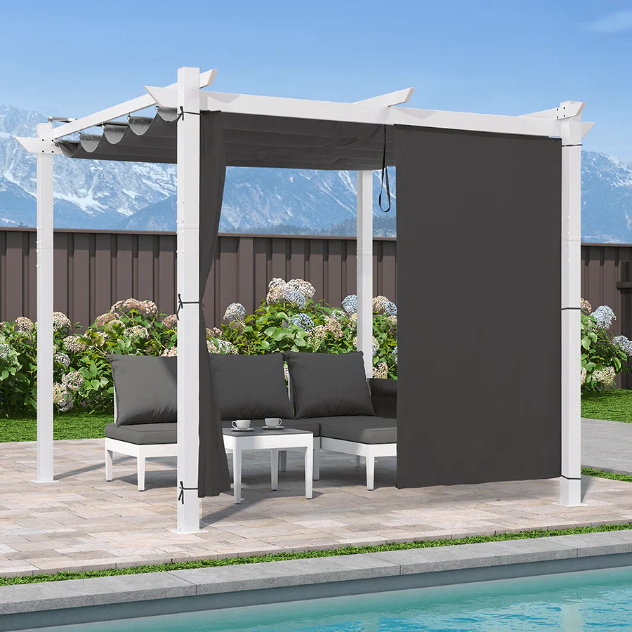 PURPLE LEAF Ausziehbare Outdoor Pergola mit Doppel-Sonnensege & Seitenschutzvorhängen Weiße Aluminium-Pergola Moderne Terrassen-Markise für Garten Hof&Terrasse kaki