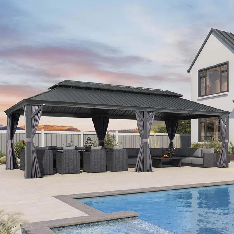 PURPLE LEAF Grau Alu Pavillon Wasserdicht Stabil Winterfest Wetterfest Gartenpavillon mit 4 Doppel Seitenteile Hardtop Pavillon mit Stahldach