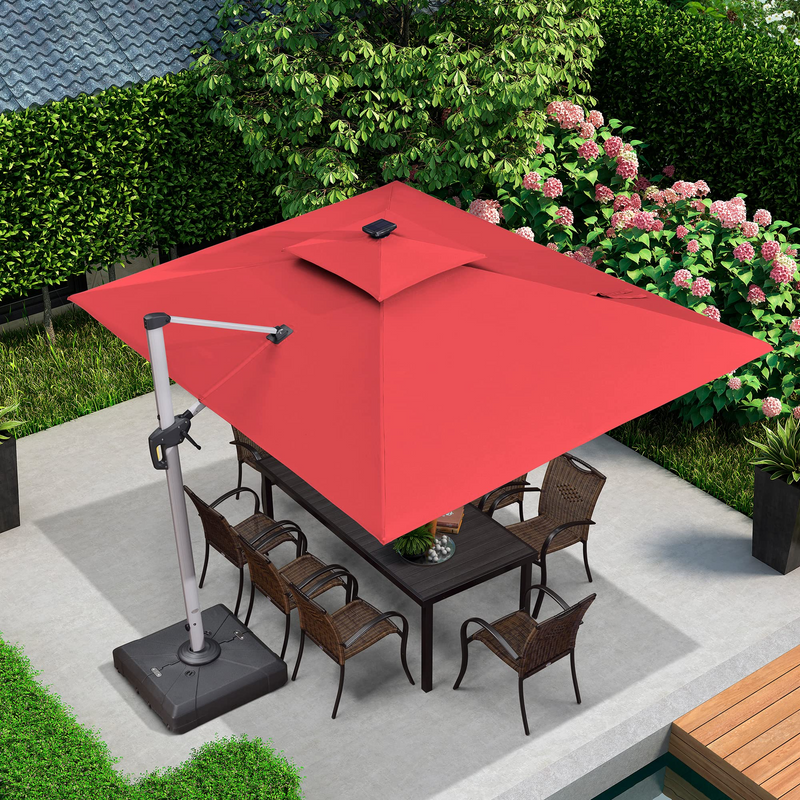 PURPLE LEAF Rechteckiger Doppel Dach Aluminium Großsonnenschirm mit LED und Kurbel, geeignet für den Balkon oder den Garten.