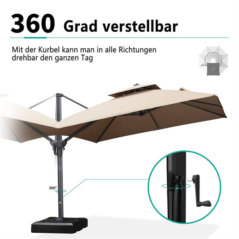 PURPLE LEAF Sonnenschirm Quadratischer Regenschirm Drehbar Neigbar mit 360°Rotation, Gartenschirm mit Kurbel