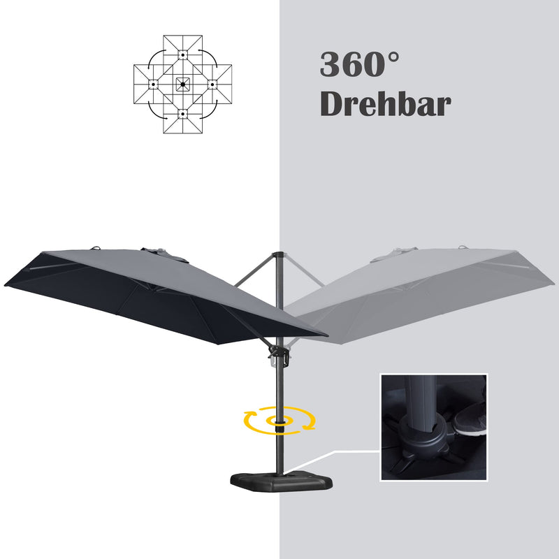 PURPLE LEAF Eingangsstil LED Ampelschirm mit Kurbel 360-Grad Drehbar mit Fußpedal und Kreuzsockel für Terrasse, Balkon Sonnenschutz